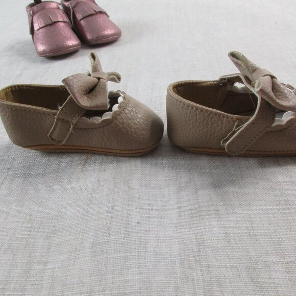 Lot of 2 Baby Girl Moccasins Pink Fringe & Tan Bow Soft Sole Crib Shoes Size 0-3 - Picture 8 of 11